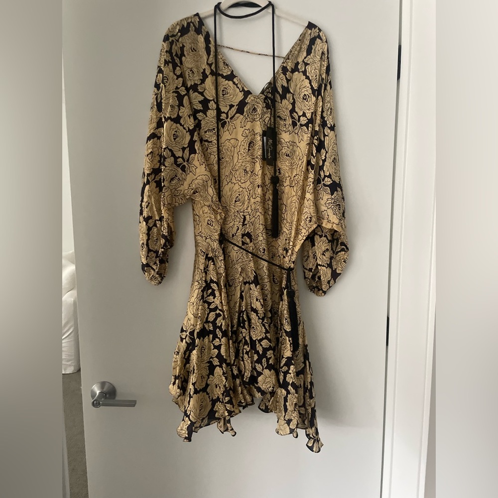 Mes Demoiselles Bohemian Flowy Silk Floral Black & Gold Dress w/ black tie